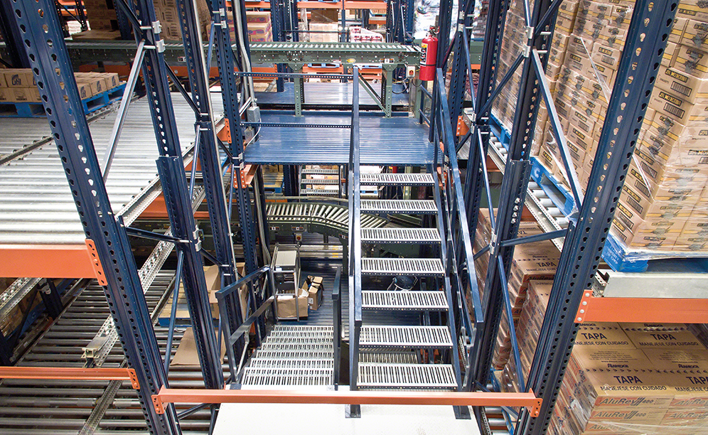 Gli operatori accedono ai diversi livelli mediante scale collocate su entrambe le estremità di ciascuna scaffalatura per picking